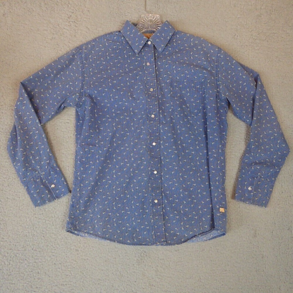 Jitterbug Ranch Shirt Womens Small Blue Pearl Snap Button Up Blouse Top Western